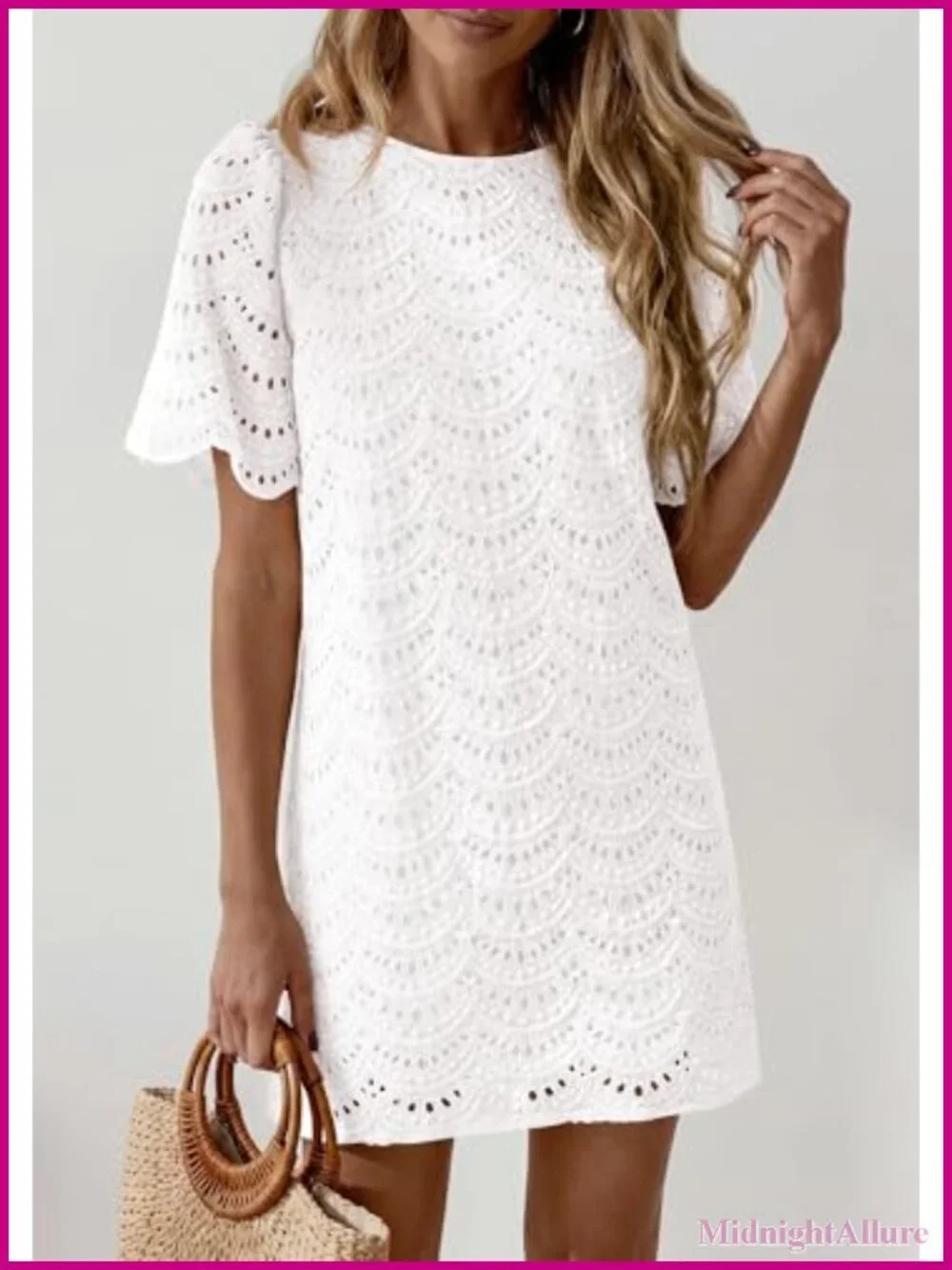 Embroidered Eyelet Cotton Shift Dress Short Sleeve Summer Mini Dress